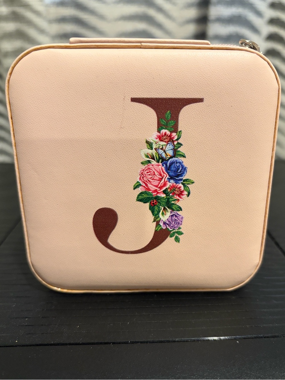 Initial J Pink Floral Monogram Jewelry Case